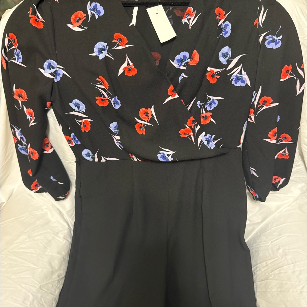 Ann Taylor Black Jumpsuit with Red and Blue Floral Design